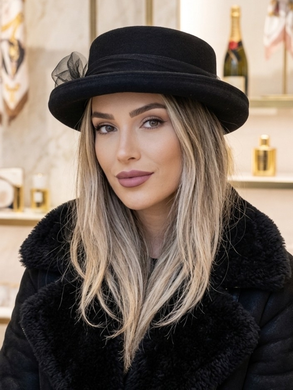 100% WOOL💋Women's Black Bowler Hat with Mesh Bow Accent GUC